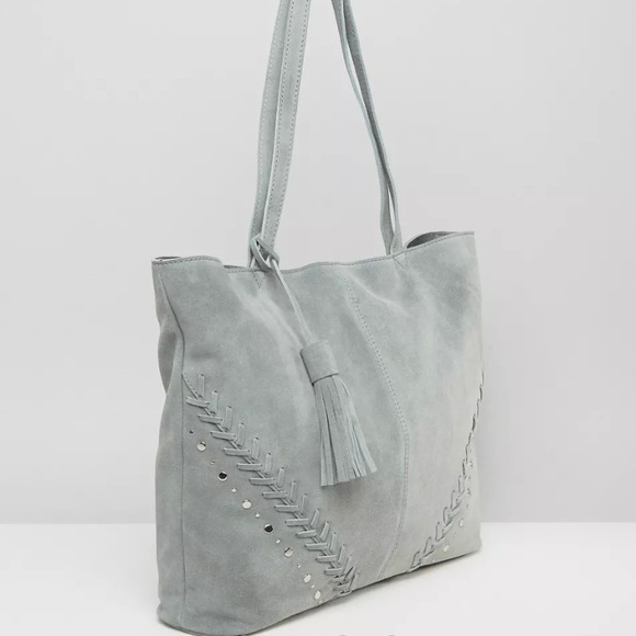 ASOS suede studstitch shopper bag gray tassel large shoulder bag tote - Picture 6 of 11